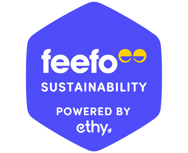 Badge with text: "feefo SUSTAINABILITY POWERED BY ethy" on a blue hexagonal background, featuring two yellow circular shapes resembling eyes next to "feefo."